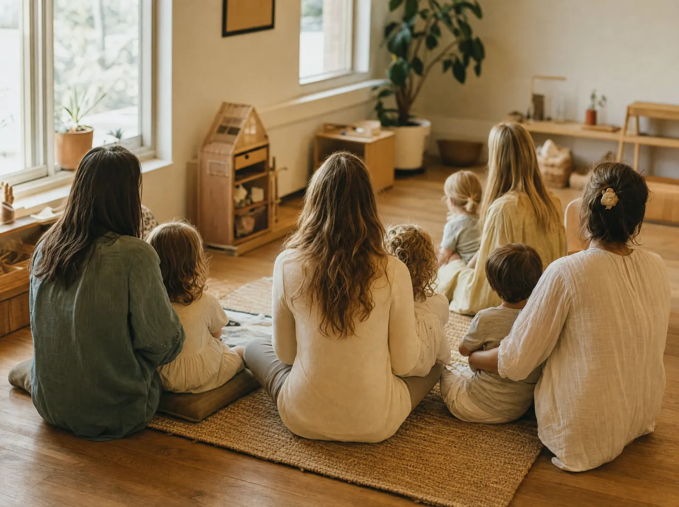 Mamás y niños sentados en círculo sobre el piso de un salón, de espaldas, durante un taller de Gestión Emocional