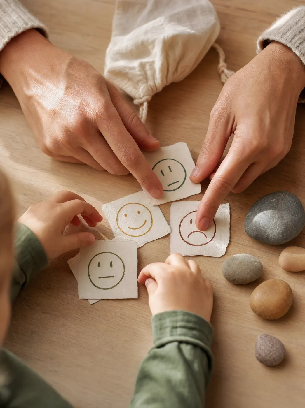 Manos de una adulta y un niño acomodando tarjetas con caritas de emociones sobre una mesa de madera